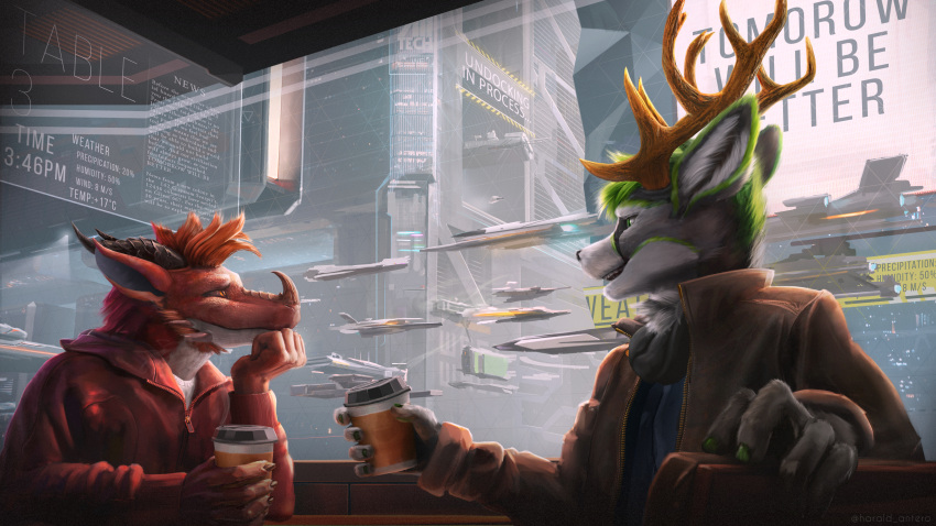 16:9 4k absurd_res anthro arctil-noddedur cafe city cityscape coffee_cup container cup cyberpunk deer dragon duo entropy_(billeur) flying_vehicle future futuristic hair hi_res horn male male/male mammal maple_doe mythological_creature mythological_scalie mythology scalie science_fiction spacecraft vehicle widescreen