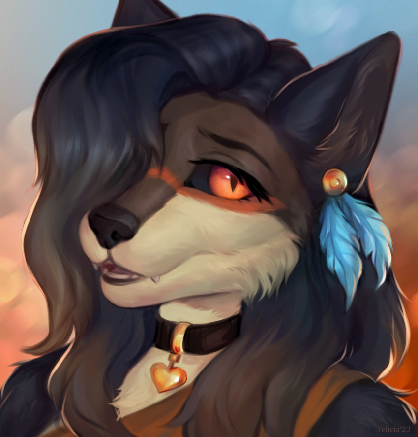 2022 anthro black_sclera breasts canid canine canis clothed clothing collar digital_media_(artwork) domestic_dog felicia_cat female fur hair hi_res looking_at_viewer mammal open_mouth orange_eyes smile solo teeth tongue