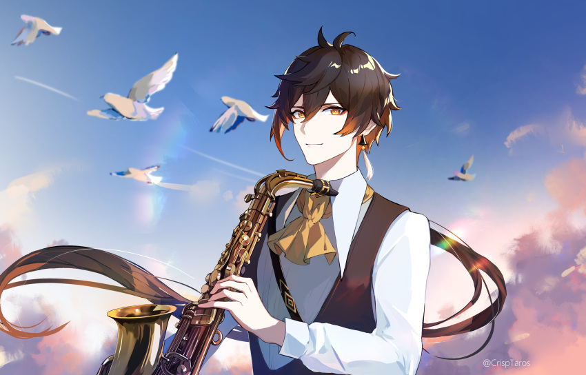 1boy :| absurdres alto_saxophone ascot bird black_hair brown_hair closed_mouth collared_shirt crackingtaro day diamond-shaped_pupils diamond_(shape) earrings eyeliner eyeshadow formal genshin_impact gradient_hair hair_between_eyes hair_tie highres holding holding_instrument holding_saxophone instrument jewelry long_hair long_sleeves looking_at_viewer makeup male_focus multicolored_hair necktie orange_hair outdoors pigeon ponytail red_eyeshadow saxophone shadow shirt sidelocks signature single_earring sky solo suit symbol-shaped_pupils tassel tassel_earrings twitter_username upper_body vest yellow_eyes zhongli_(genshin_impact)