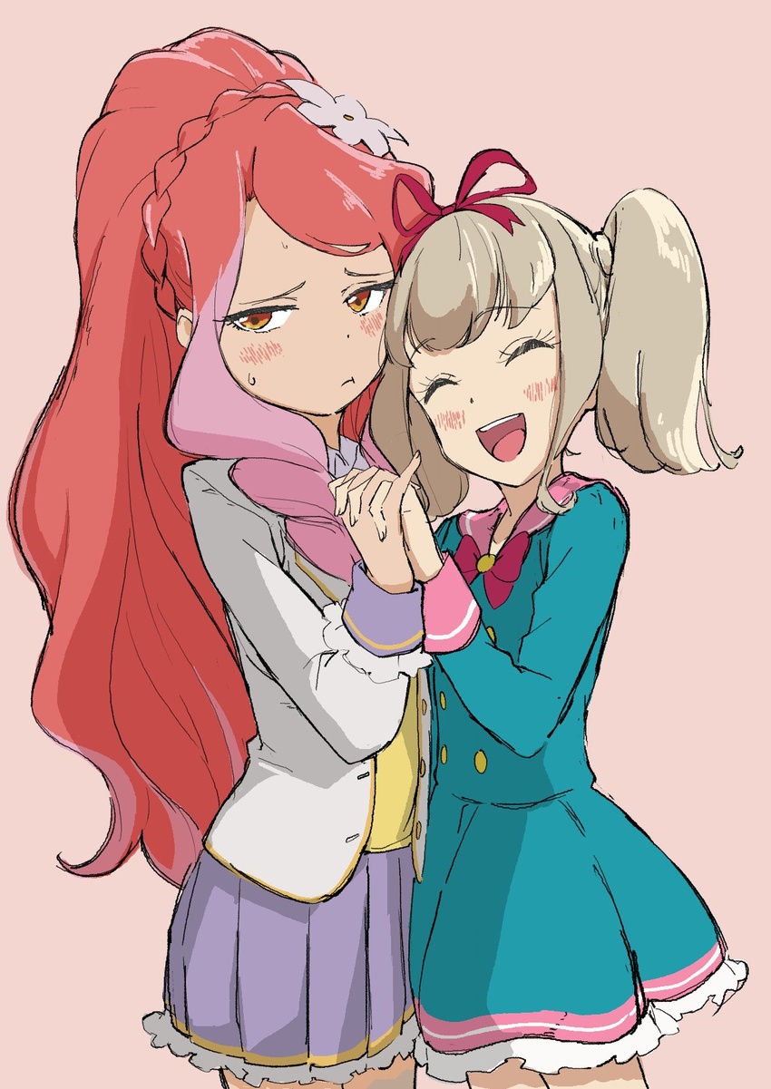 2girls :d :t aikatsu!_(series) aikatsu_on_parade! aikatsu_stars! big_hair blue_dress blush buttons closed_eyes closed_mouth dot_nose double-breasted dress elza_forte embarrassed facing_viewer flower grey_hair hair_flower hair_ornament hair_ribbon highres holding_hands interlocked_fingers jacket kiseki_raki long_hair long_sleeves miniskirt multiple_girls open_clothes open_jacket open_mouth osame pink_background pleated_skirt ponytail purple_skirt red_hair red_ribbon ribbon simple_background skirt smile sweatdrop twintails venus_ark_uniform very_long_hair white_flower white_jacket