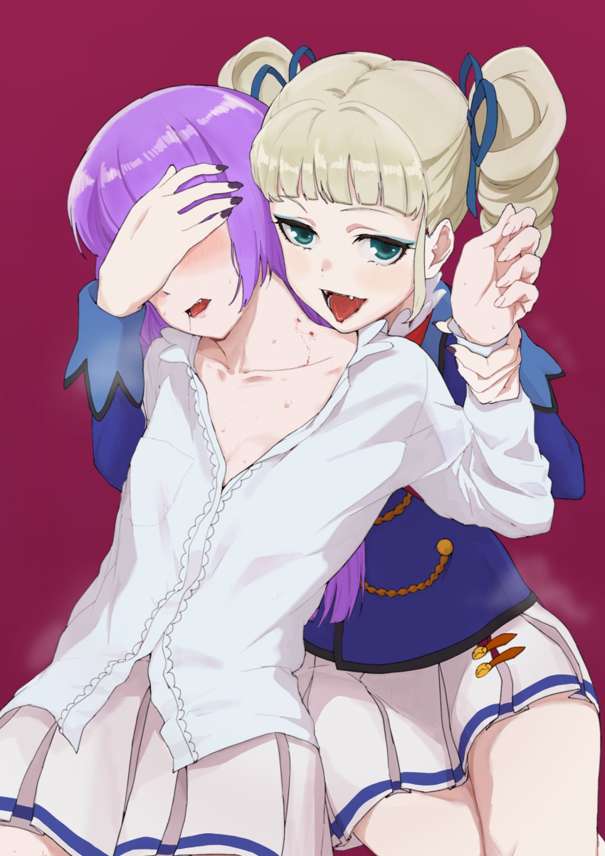 2girls aikatsu! aikatsu!_(series) black_nails blonde_hair blood blood_sucking blue_jacket blush buttons covered_eyes covering_another's_eyes double-breasted dress_shirt drill_hair eyeshadow fangs fingernails green_eyes highres hikami_sumire holding_another's_wrist jacket long_sleeves looking_at_viewer makeup miniskirt multiple_girls nail_polish open_mouth osame parted_lips red_background sanpaku shirt simple_background skirt smile todo_yurika tongue tongue_out twin_drills twintails vampire white_shirt white_skirt