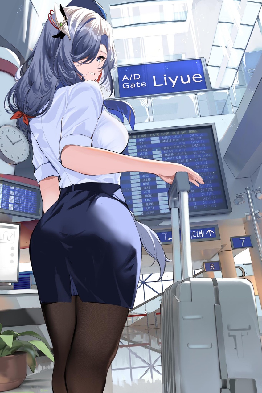 airport alternate_costume ass black_pantyhose blue_eyes blue_hat blue_skirt breasts chinese_commentary commentary_request contemporary english_text female from_behind genshin_impact grey_hair hair_ornament hair_over_one_eye hat highres large_breasts long_hair looking_at_viewer looking_back pantyhose parted_lips shenhe_(genshin_impact) shiben_(ugvu5784) shirt shirt_tucked_in short_sleeves skirt smile solo suitcase thighs travel_attendant white_shirt