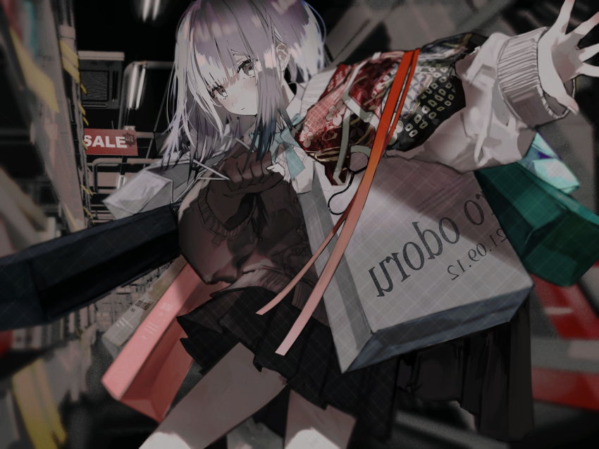 absurdres bag blue_bow blue_neckwear bow carrying_bag female grey_eyes grey_sweater highres indoors long_sleeves looking_at_viewer medium_hair original outstretched_arm outstretched_hand plaid plaid_skirt school_uniform shirt shopping_bag skirt sleeves_past_wrists solo sweater tekito_midori white_hair white_shirt