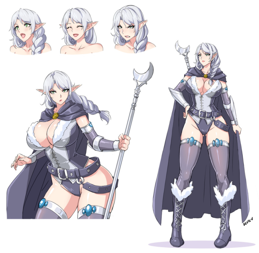 big_breasts boots breasts cleavage clothed clothing devil-v elf female footwear hair hi_res humanoid humanoid_pointy_ears long_hair not_furry open_mouth open_smile simple_background smile solo staff white_background wide_hips