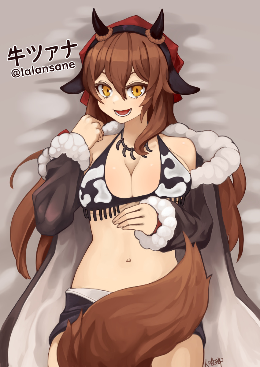 :d absurdres animal_ears animal_print bare_shoulders between_legs bikini black_bikini borrowed_character breasts brown_hair character_name cleavage coat cow_ears cow_horns cow_print cow_print_bikini cowboy_shot fake_animal_ears fake_horns female fur-trimmed_coat fur_trim grey_coat hairband head_scarf highres hitokuirou horns jewelry large_breasts long_hair long_sleeves looking_at_viewer lower_teeth_only lying navel necklace on_back open_clothes open_coat open_mouth original print_bikini signature smile solo swimsuit tail tail_between_legs teeth tsana_(lansane) underboob wolf_tail yellow_eyes