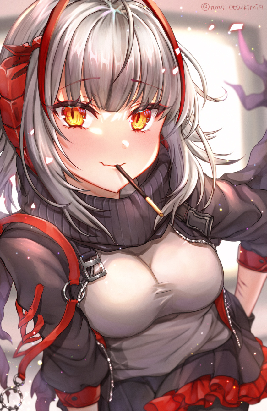 ahoge antennae arknights bad_id bad_pixiv_id black_gloves black_jacket black_scarf black_skirt breasts demon_horns female food food_in_mouth gloves grey_hair grey_shirt highres horns jacket large_breasts leaning_forward looking_at_viewer mouth_hold nyamaso open_clothes open_jacket pocky red_eyes scar scar_on_arm scarf shirt short_hair skirt solo standing twitter_username w_(arknights)