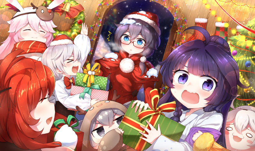 6+girls :d absurdres animal_ears black_hair blue_eyes blush bow bowtie bronya_zaychik christmas christmas_lights christmas_ornaments christmas_present christmas_stocking closed_mouth diaoxian_kuangmo dress fox_ears fu_hua gift glasses grey_eyes grey_hair hat highres holding holding_gift honkai_(series) honkai_impact_3rd index_finger_raised indoors kiana_kaslana long_hair long_sleeves mask multiple_girls murata_himeko onesie open_mouth pink_hair purple_eyes purple_hair raiden_mei red_bow red_bowtie red_hair santa_costume santa_hat smile snow snowing theresa_apocalypse white_dress white_hair yae_sakura