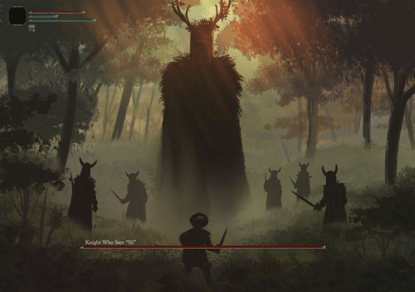 6+others antlers backlighting boss_fight bush commentary crossover elden_ring english_commentary english_text fog forest from_behind giant heads-up_display health_bar helmet highres holding holding_sword holding_weapon horns knight knights_who_say_ni light_rays lizzi_rust monty_python monty_python_and_the_holy_grail multiple_others nature outdoors parody silhouette sunlight sword tree user_interface weapon