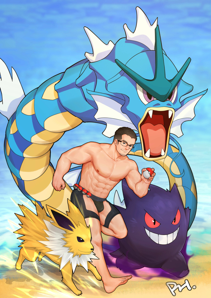 1boy abs absurdres bara barefoot blue_sky bulge closed_mouth clothing_cutout commentary commission crotchless crotchless_swimsuit day denim electricity english_commentary facial_hair fangs floating full_body gengar giant grin gyarados highres holding holding_poke_ball jeans jolteon male_focus male_swimwear muscular muscular_male navel nipples original outdoors pants pectorals peterhl poke_ball poke_ball_(basic) pokemon pokemon_(creature) running shoes short_hair sideburns sky smile sneakers stubble swim_briefs swimsuit teeth thigh_cutout thighs water