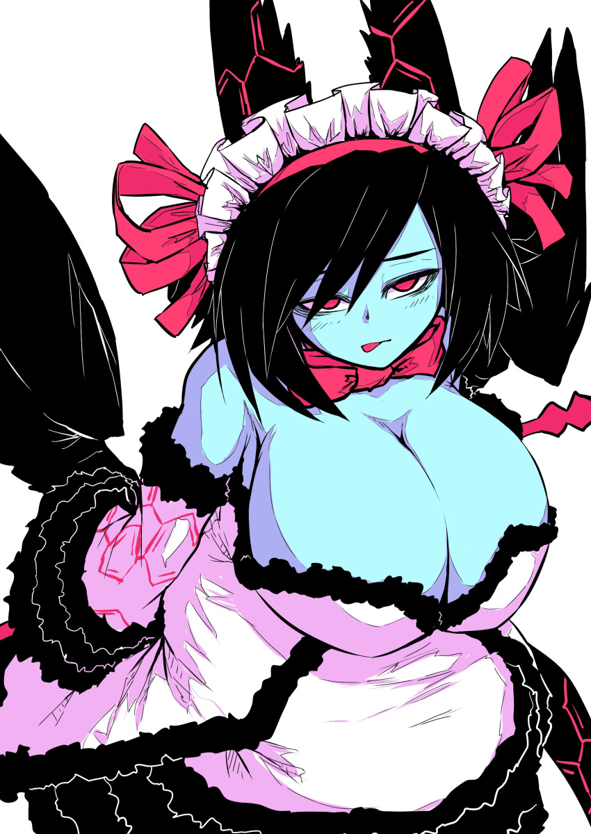 absurdres bare_shoulders black_hair black_wings blue_skin breasts bursting_breasts cleavage colored_skin detached_sleeves dress female highres huge_breasts kaiten_muten-maru limited_palette monster_girl queen_morte red_eyes short_hair simple_background solo tongue tongue_out white_background wings zyugoya