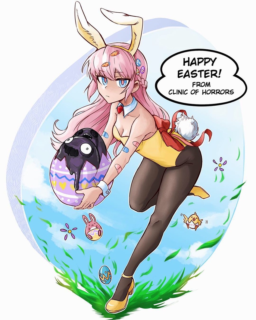 alternate_costume animal_ears bandaid bandaid_on_arm bianca_abercrombie bird blue_eyes blue_sky bow clinic_of_horrors closed_mouth detached_collar easter easter_egg egg expressionless fake_animal_ears female full_body grass happy_easter highres leotard long_hair looking_at_viewer monster pantyhose pink_hair pink_pupils playboy_bunny pokurimio rabbit rabbit_ears rabbit_tail red_bow sky standing standing_on_one_leg tail text_focus wrist_cuffs yellow_footwear yellow_leotard