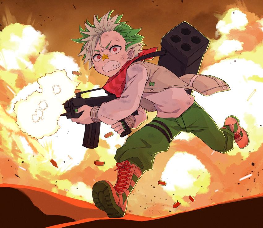 1boy asymmetrical_bangs bad_gun_anatomy badge bandana boots brown_jacket button_badge buttons casing_ejection clenched_teeth combat_shotgun commentary_request cross-laced_footwear daimonji_ryugon debris explosion facial_mark fingernails firing floating floating_object full_body green_footwear green_hair green_nails gun gun_sling handle highres hill holding holding_gun holding_weapon jacket jersey lace-up_boots long_sleeves m202_flash male_focus multicolored_hair multishot_rocket_launcher muzzle_flash nail_polish open_clothes open_mouth orange_sky red_bandana red_eyes red_scarf rocket_launcher running scarf shell_casing shirt shoe_soles shotgun sky sleeve_cuffs sleeveless sleeveless_jacket solo star_(symbol) striped sweat teeth toromera two-tone_footwear two-tone_hair unbuttoned usas-12 virtual_youtuber voms weapon weapon_on_back white_footwear white_hair white_shirt white_stripes wide-eyed