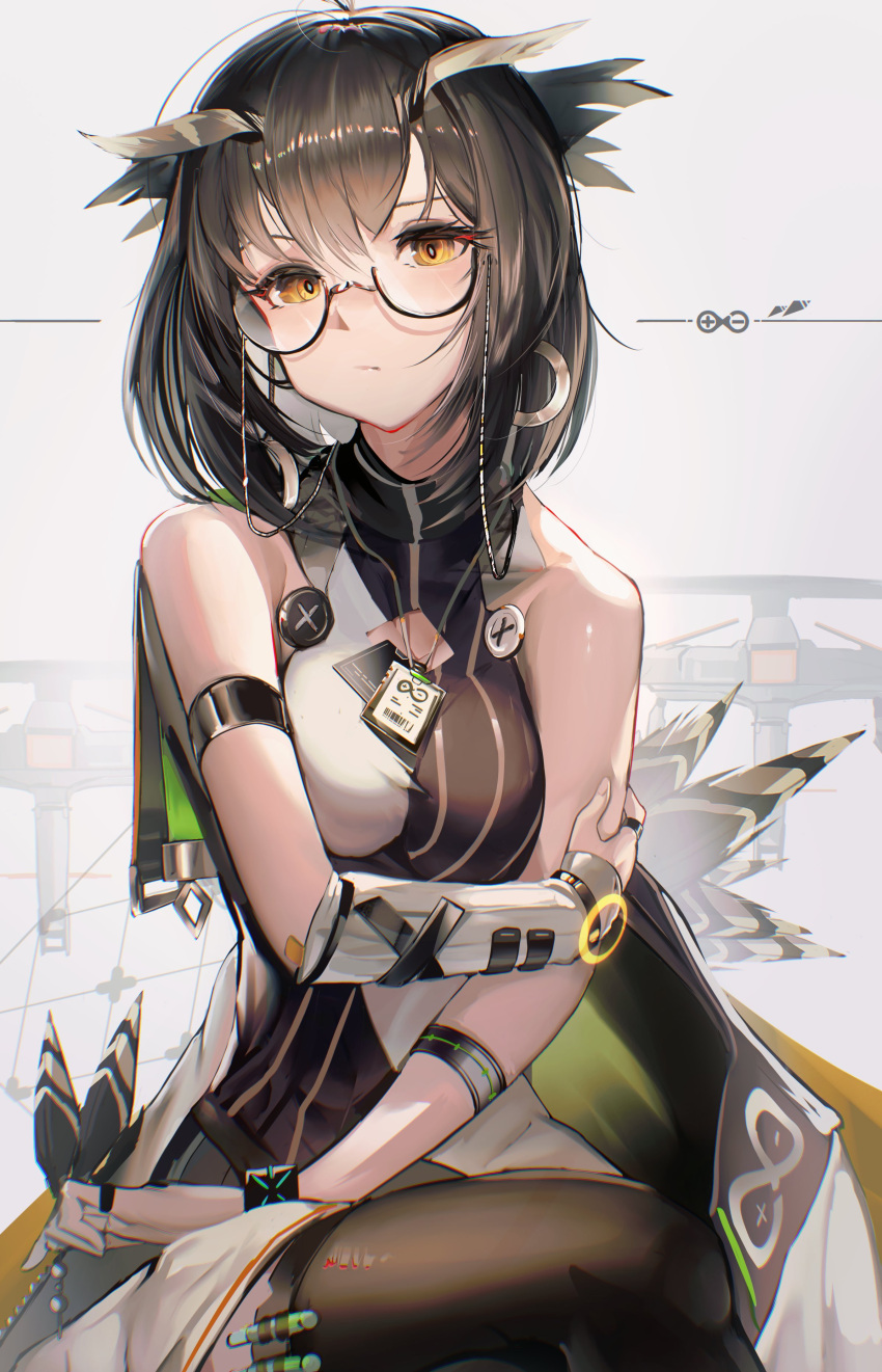 absurdres arknights armband bare_shoulders black_thighhighs brown_hair commentary_request female glasses grey_background highres hiyaori_(hiyahiyaval) infection_monitor_(arknights) looking_at_viewer shirt short_hair silence_(arknights) sitting sleeveless sleeveless_shirt solo thighhighs yellow_eyes