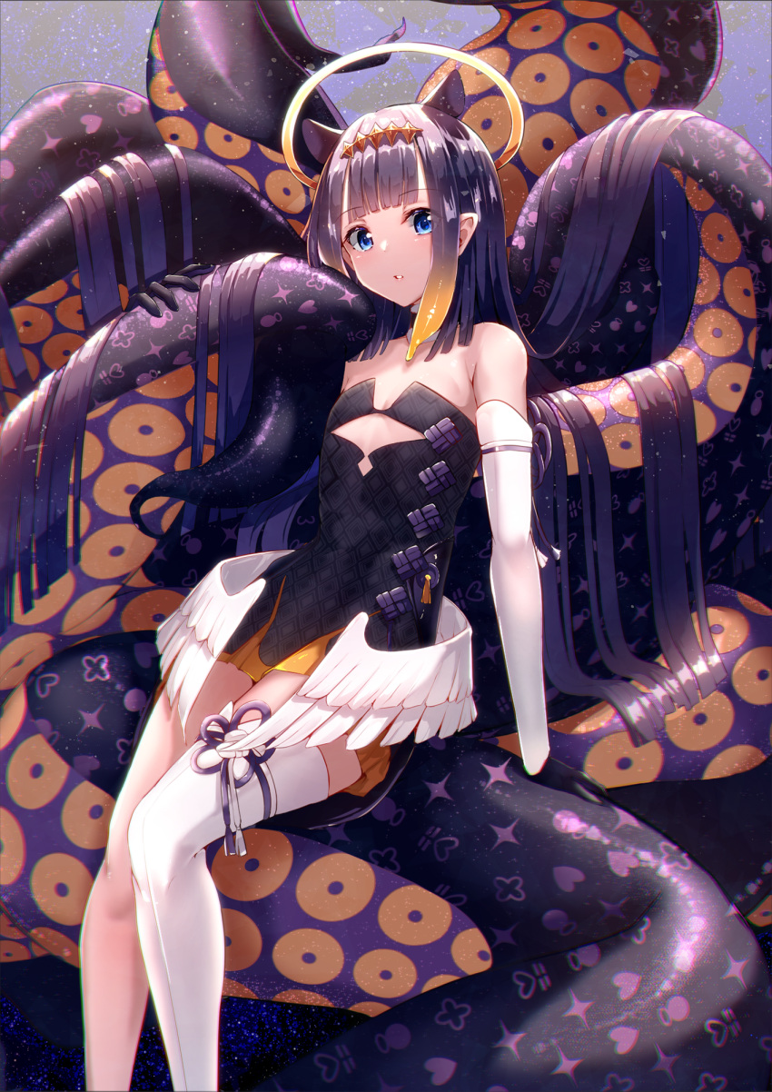 arm_support black_gloves blue_eyes blunt_bangs blush breasts cucchiore detached_sleeves dress female flat_chest gloves gradient_hair hair_flowing_over halo highres hololive hololive_english light_particles long_hair looking_at_viewer multicolored_hair ninomae_ina'nis ninomae_ina'nis_(1st_costume) parted_lips pointy_ears purple_hair sidelocks single_detached_sleeve single_thighhigh sitting smile solo tentacle tentacle_hair thighhighs very_long_hair virtual_youtuber white_thighhighs