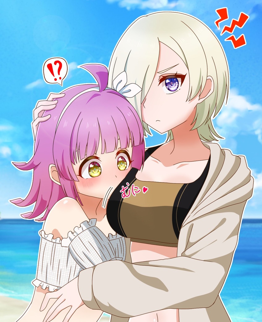 !? 2girls :< ahoge beach bikini black_bikini blonde_hair blue_sky blunt_bangs blunt_ends blush breasts cloud collarbone commentary_request day detached_sleeves eyelashes flat_chest frilled_bikini frills hair_over_one_eye hairband hand_on_another's_head heart highres hug jacket long_sleeves looking_at_breasts looking_at_viewer love_live! love_live!_nijigasaki_high_school_idol_club medium_breasts medium_hair mia_taylor multiple_girls ocean open_clothes open_jacket outdoors pink_hair purple_eyes serious sidelocks sky speech_bubble swimsuit tanutika tennoji_rina track_jacket upper_body white_bikini white_hairband white_jacket