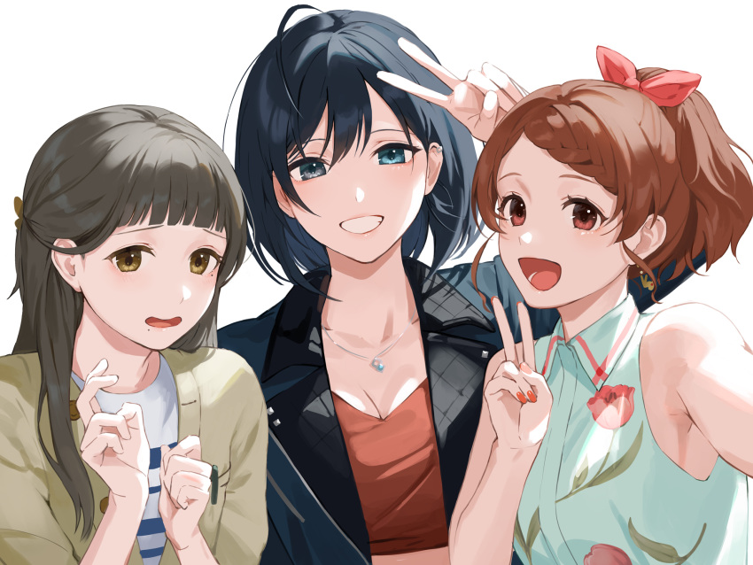 3girls :d ahoge blue_eyes blue_hair blue_jacket blue_shirt bow braid braided_bangs breasts brown_eyes brown_hair cleavage earrings fuuraiki fuuraiki_4 grey_jacket grin hairbow hand_up hands_up heterochromia highres jacket jewelry kotatiyu looking_at_viewer mole mole_under_eye mole_under_mouth mori_chiari multiple_girls necklace nippon_ichi open_clothes open_jacket open_mouth ponytail red_bow shirt simple_background sleeveless sleeveless_shirt smile strapless striped_clothes striped_shirt tube_top unose_shizuru v white_background yuhara_hiyo