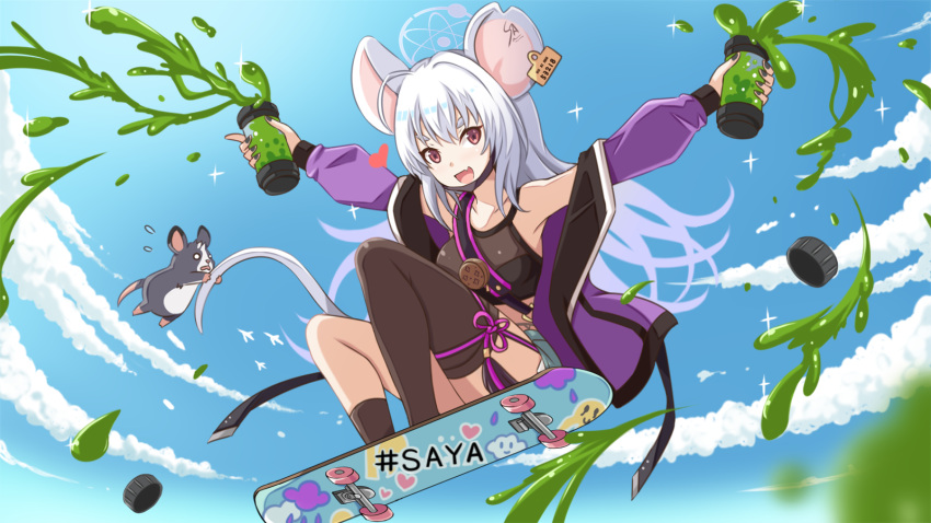 animal_ears bad_id bad_pixiv_id blue_archive casual cloud collarbone commentary_request daiz_(nodadaiz) female full_body highres jacket liquid looking_at_viewer mouse_(animal) mouse_ears mouse_tail nezusuke_(blue_archive) oerba_yun_fang open_mouth red_eyes saya_(blue_archive) saya_(casual)_(blue_archive) skateboard skin_fang sky solo tail