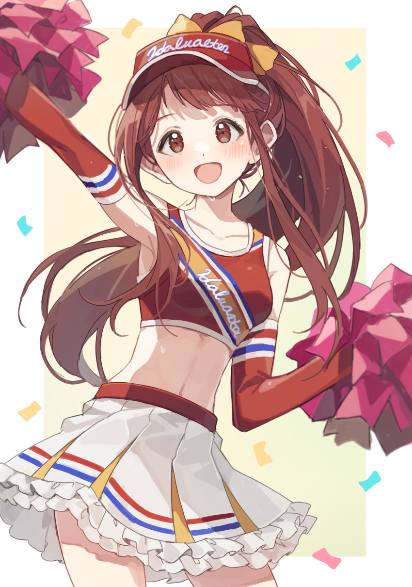 absurdres arm_up armpits blush border breasts brown_eyes brown_hair cheering cheerleader collarbone confetti crop_top cropped_shirt elbow_gloves female frilled_skirt frills gloves hair_ribbon hano9789 highres holding holding_pom_poms idolmaster idolmaster_million_live! idolmaster_million_live!_theater_days long_hair looking_at_another medium_breasts midriff navel open_mouth outside_border pleated_skirt pom_pom_(cheerleading) red_gloves red_tank_top ribbon shirt skirt smile solo standing sweat tanaka_kotoha tank_top visor_cap white_border white_skirt yellow_background yellow_ribbon