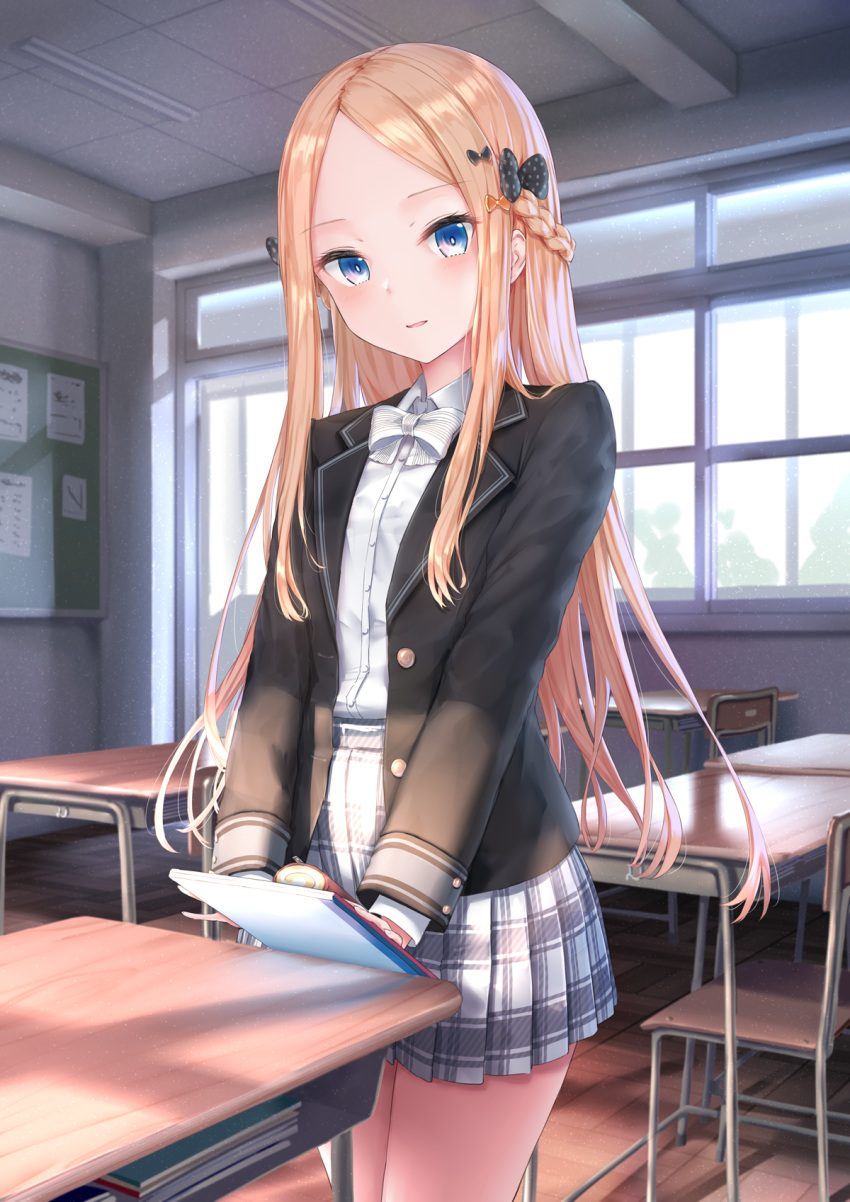 abigail_williams_(fate) alternate_costume black_bow black_jacket blazer blonde_hair blue_eyes blush bow braid chair collared_shirt commentary_request contemporary desk dress_shirt fate/grand_order fate_(series) female forehead hairbow highres indoors jacket kachayori long_hair long_sleeves looking_at_viewer open_clothes open_jacket orange_bow parted_bangs parted_lips plaid plaid_skirt pleated_skirt polka_dot polka_dot_bow school_chair school_desk school_uniform shirt skirt smile solo striped striped_bow very_long_hair white_bow white_shirt white_skirt