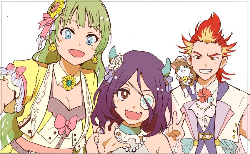 1boy 2girls :d akai_suzaku blonde_hair blush claw_pose eyepatch green_hair grin hayasaka_mirei horns idol idolmaster idolmaster_cinderella_girls idolmaster_million_live! idolmaster_poplinks idolmaster_side-m looking_at_viewer multicolored_hair multiple_girls nyako_(idolmaster) purple_hair red_hair selfie shimabara_elena simple_background smile streaked_hair tatsusen upper_body v white_background