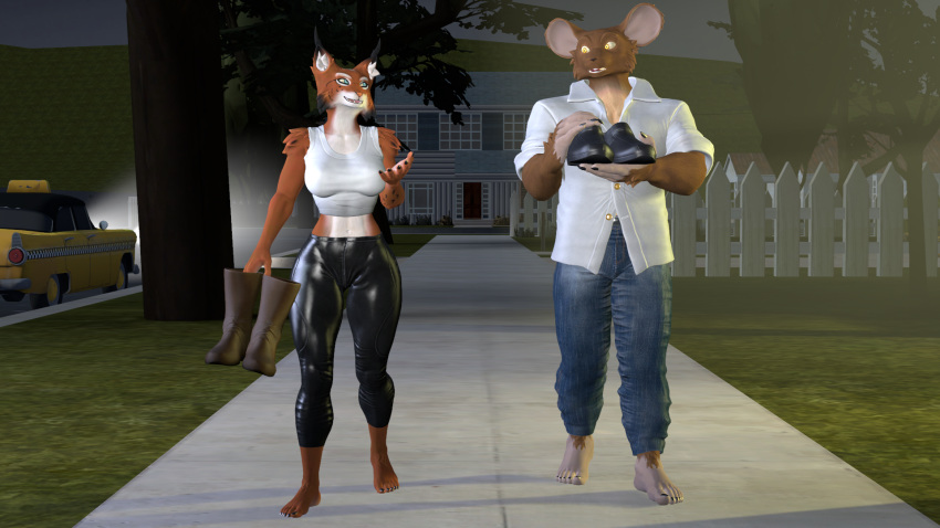 16:9 3d_(artwork) anthro astro_catmew barefoot boots bottomwear cam_(petruz) carrying_clothing clothed clothing commercial_vehicle crop_top denim denim_bottomwear denim_clothing digital_media_(artwork) duo feet felid feline female footwear fur hi_res holding_object humanoid jeans listening lynx male male/female mammal murid murine muscular muscular_male pants petruz_(copyright) public_transportation rat rat_(petruz) rodent shirt shoes source_filmmaker_(artwork) talking_to_another tank_top taxicab tight_bottomwear tight_clothing tight_pants topwear vehicle vehicle_for_hire walking widescreen