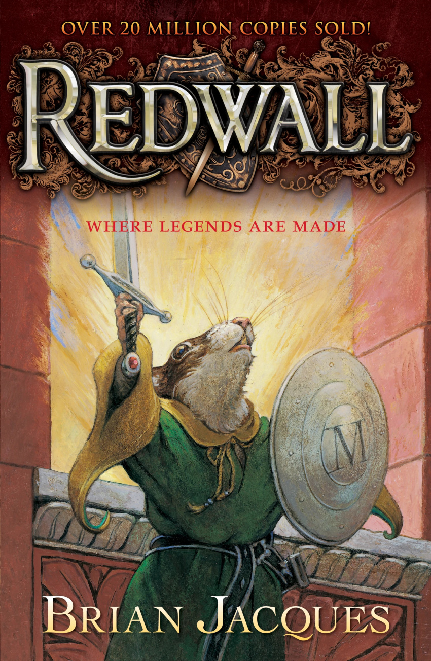 anthro belt book_cover clothed clothing cover english_text fur green_clothing hi_res holding_melee_weapon holding_object holding_shield holding_sword holding_weapon male mammal matthias_(redwall) melee_weapon mouse multicolored_clothing murid murine no_sclera official_art pink_nose redwall rodent shield solo sword text troy_howell two_tone_clothing weapon whiskers white_body white_fur yellow_clothing