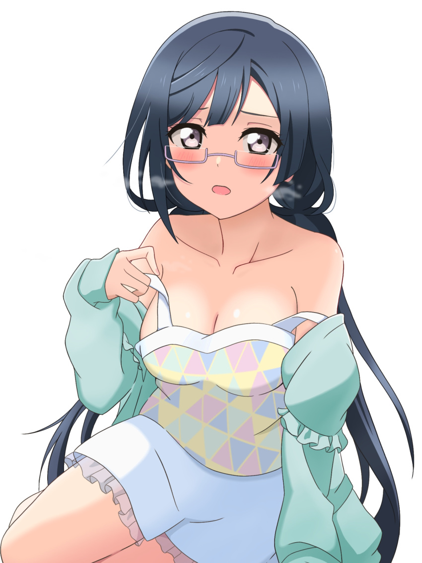 black_hair blush breasts breath cleavage collarbone commentary d: female glasses green_jacket grey_eyes highres jacket long_hair looking_at_viewer love_live! love_live!_nijigasaki_high_school_idol_club medium_breasts miniskirt multicolored_clothes multicolored_tank_top nakagawa_nana open_mouth pokehikaxyz semi-rimless_eyewear simple_background sitting skirt solo strap_pull strap_slip tank_top triangle_print under-rim_eyewear white_background white_skirt yuki_setsuna_(love_live!)