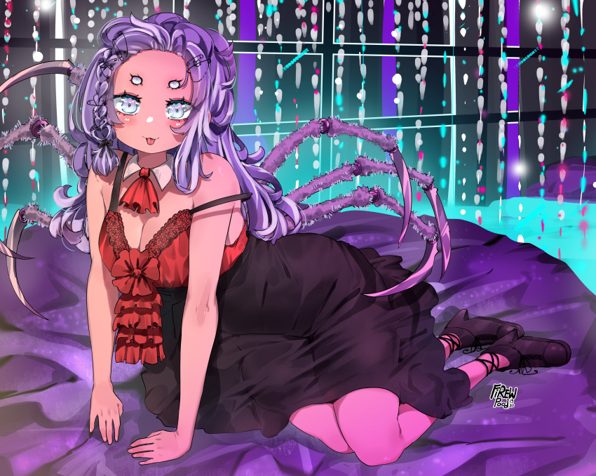 absurdres alternate_costume amiya_aranha arthropod_limbs artist_name ascot bed black_footwear black_skirt blush breasts camisole cleavage commission detached_collar english_commentary extra_eyes female firewpood high_heels highres indie_virtual_youtuber leaning_to_the_side long_hair looking_at_viewer on_bed purple_eyes purple_hair red_ascot red_camisole safety_pin second-party_source shirt_tucked_in sitting skirt solo tongue tongue_out virtual_youtuber