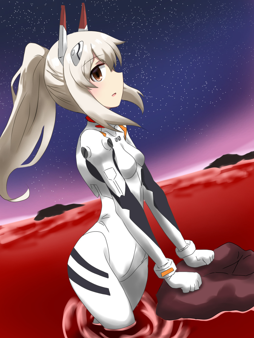 absurdres alternate_costume ayanami_(azur_lane) ayanami_rei ayanami_rei_(cosplay) azur_lane breasts commentary_request cosplay female from_side gloves grey_hair hair_between_eyes headgear highres horizon interface_headset lcl long_hair long_sleeves looking_at_viewer looking_to_the_side medium_breasts name_connection neon_genesis_evangelion night night_sky orange_eyes parody parted_lips plugsuit ponytail sidelocks sky solo star_(sky) starry_sky takezuchi wading white_gloves