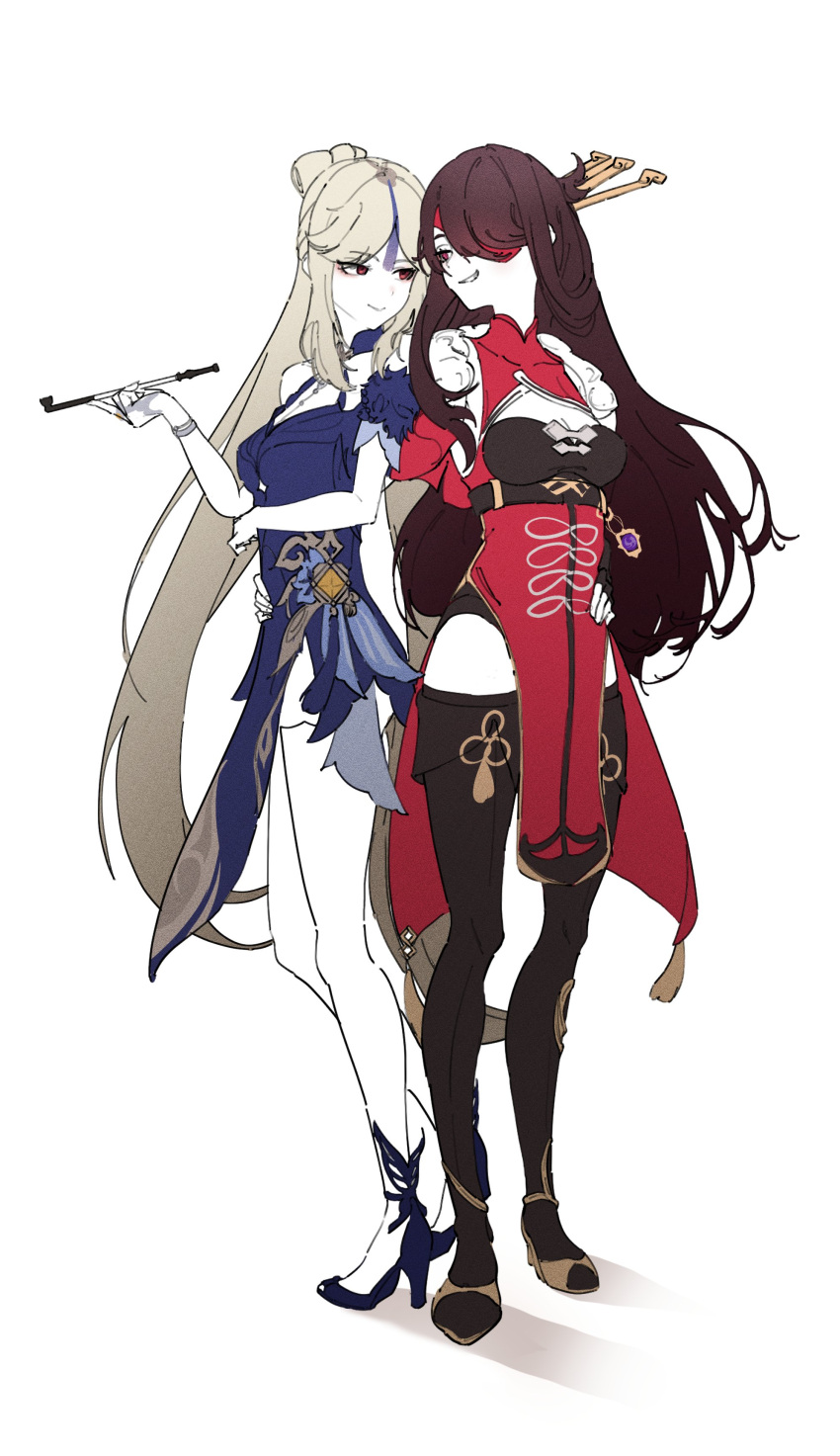 2girls absurdres bad_id bad_twitter_id bare_legs beidou_(genshin_impact) black_legwear blue_collar blue_dress blue_footwear boots breasts brown_hair claw_ring closed_mouth collar colored_eyepatch dress eyepatch full_body fur-trimmed_sleeves fur_trim genshin_impact hair_ears hair_flaps hair_ornament hair_stick hairpin hand_on_own_hip high_heel_boots high_heels highres holding holding_smoking_pipe large_breasts long_hair multicolored_clothes multicolored_dress multiple_girls ningguang_(genshin_impact) ningguang_(orchid's_evening_gown)_(genshin_impact) official_alternate_costume oi_ooooo one_eye_covered parted_lips red_eyes sandals smile smoking_pipe tassel tassel_hair_ornament thigh_boots thighhighs very_long_hair