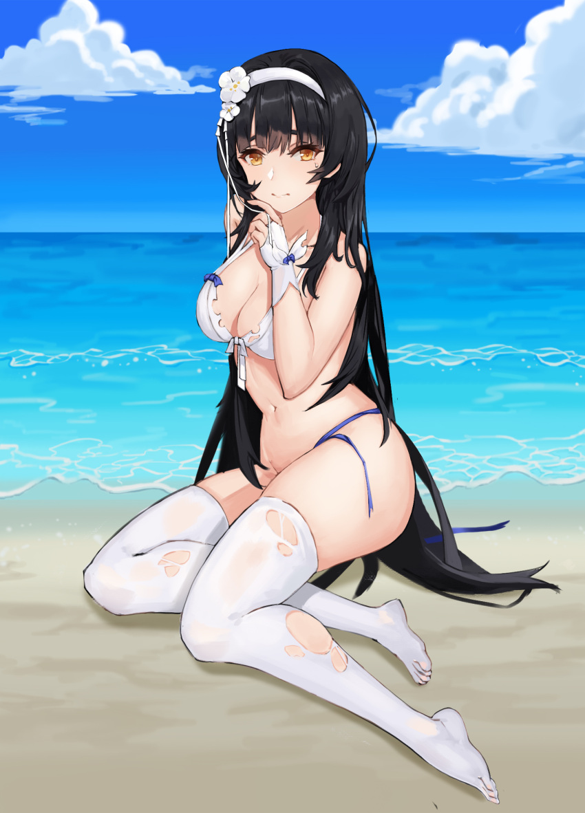 ass bare_shoulders beach bikini bikini_top_only black_hair blue_ribbon blunt_bangs breasts bridal_gauntlets cleavage cloud day feet female flower frilled_bikini frills full_body girls'_frontline hair_flower hair_ornament halterneck hand_up headband highres jonbur_man large_breasts long_hair looking_at_viewer midriff navel official_alternate_costume outdoors parted_lips ribbon sand sitting sky solo stomach string_bikini sweat swimsuit thick_thighs thighhighs thighs toes torn_clothes torn_thighhighs type_95_(girls'_frontline) type_95_(summer_cicada)_(girls'_frontline) very_long_hair water waves white_bikini white_headband wrist_cuffs yellow_eyes