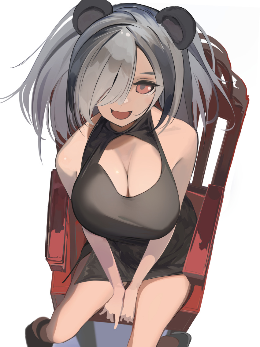 absurdres animal_ears arknights bare_shoulders black_dress black_hair boots breasts brown_footwear chair cleavage cleavage_cutout clothing_cutout dress feater_(arknights) female from_above grey_hair hair_over_one_eye highres large_breasts long_hair multicolored_hair oerba_yun_fang one_eye_covered open_mouth orange_eyes panda_ears panda_girl simple_background sinoda sitting skin_fang sleeveless sleeveless_dress solo streaked_hair white_background