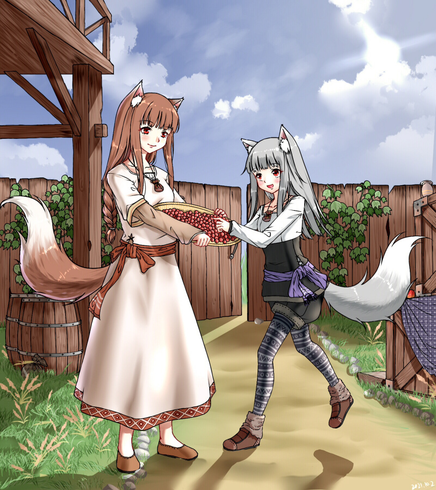 2girls animal_ears basket blue_sky blush braid braided_ponytail brown_hair dress eye_contact fence food fruit grey_hair highres holding holding_basket holo ice-coffee2019 long_hair looking_at_another mother_and_daughter multiple_girls myuri_(spice_and_wolf) oerba_yun_fang open_mouth outdoors pantyhose pantyhose_under_shorts pink_dress pouch print_pantyhose red_eyes sash shoes shorts skin_fang skirt sky smile spice_and_wolf standing tail wolf_ears wolf_girl wolf_tail wooden_fence