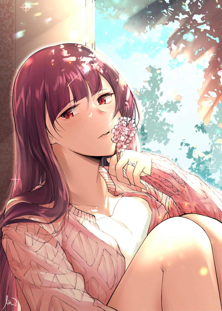 absurdres bare_legs blue_sky blunt_bangs blush breasts cardigan cherry_blossoms cleavage collarbone commentary_request day feet_out_of_frame female flower girls'_frontline highres jewelry knees_up long_hair looking_at_viewer medium_breasts open_cardigan open_clothes parted_lips pink_cardigan purple_hair red_eyes ring shirt signature sitting sky solo sparkle stigmamyu sunlight wa2000_(girls'_frontline) wedding_ring white_shirt window