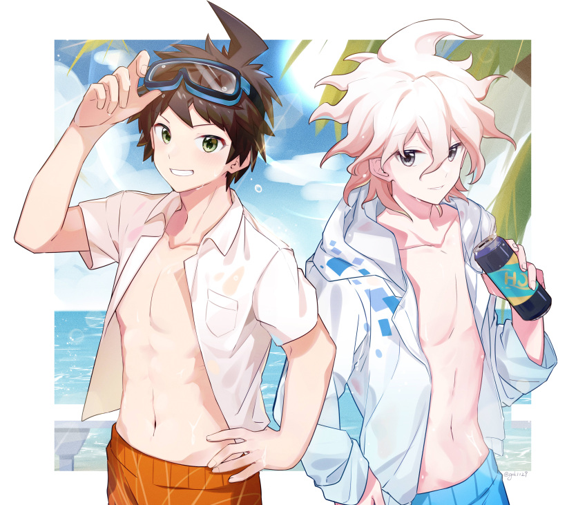 2boys absurdres ahoge beach blue_male_swimwear breast_pocket brown_hair can collarbone danganronpa_(series) danganronpa_2:_goodbye_despair danganronpa_s:_ultimate_summer_camp grin highres hinata_hajime holding holding_can jacket komaeda_nagito male_focus male_swimwear messy_hair midou_(grk12138) multiple_boys navel open_clothes open_jacket orange_male_swimwear outdoors palm_leaf pocket short_hair smile teeth wet wet_hair white_jacket