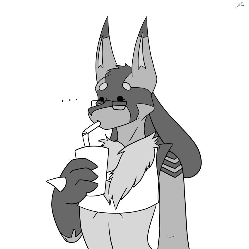 1:1 anthro beverage clothing crop_top drinking eyewear femboy generation_4_pokemon glasses hi_res humor jeffthehusky lucario lucas_arynn male milkshake monochrome nintendo pokemon pokemon_(species) reaction_image shirt solo topwear