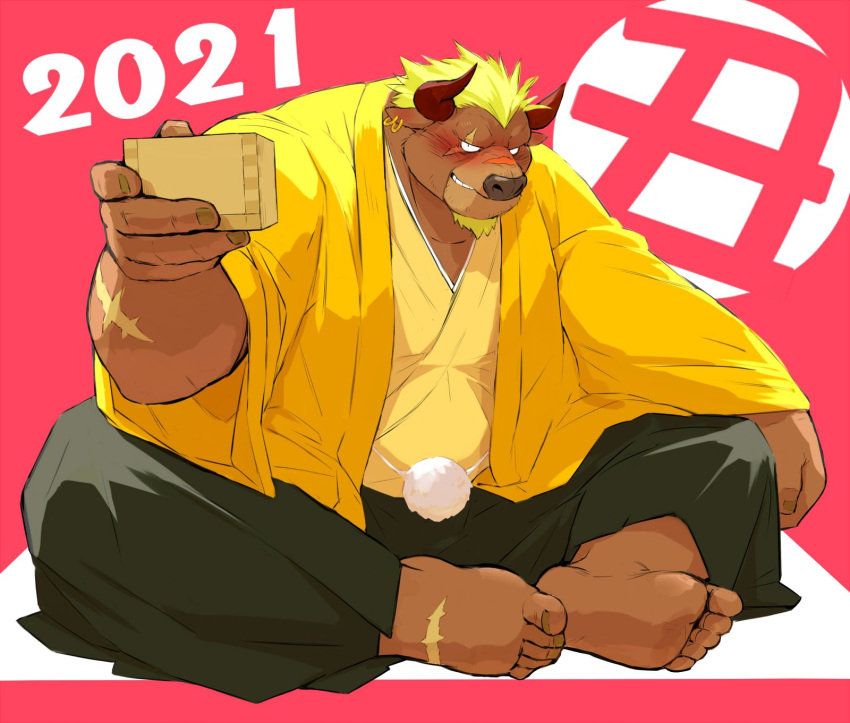 2021 anthro blush bovid bovine brown_body brown_fur cattle clothed clothing fur hi_res horn humanoid_hands kemono looking_at_viewer male mammal musclegut muscular overweight overweight_anthro overweight_male scar sessa sitting solo