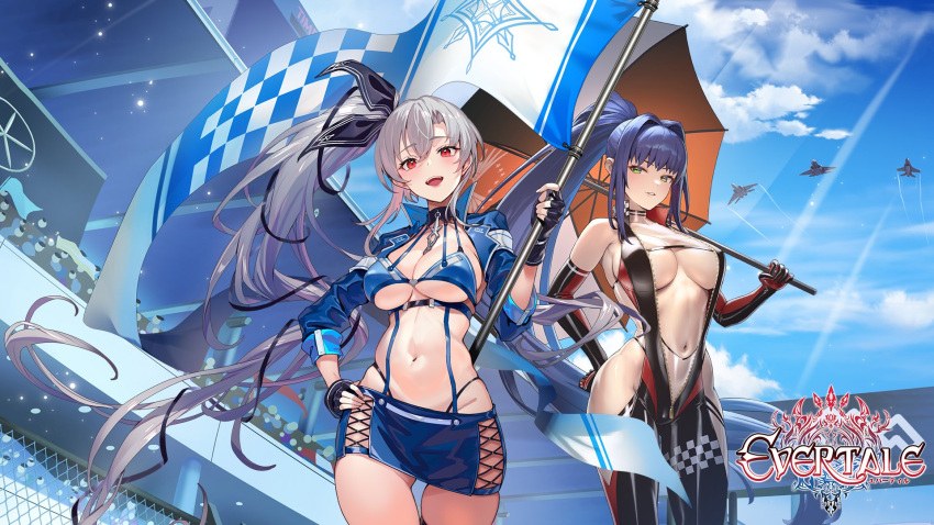 2girls aircraft ass_visible_through_thighs bare_shoulders blue_hair blue_sky bodysuit bow breasts checkered_flag choker clarice_(evertale) cleavage clothing_cutout cloud cloudy_sky collarbone commentary_request copyright_name cropped_jacket cross-laced_clothes cross-laced_cutout cross-laced_skirt cuboon day elbow_gloves evertale fingerless_gloves flag gloves grey_hair hairbow hand_on_own_hip high_ponytail highleg highleg_panties highres holding jacket kakage large_breasts lips logo long_hair ludmilla_(evertale) medium_breasts miniskirt multiple_girls navel official_art open_clothes open_mouth outdoors panties ponytail race_queen red_eyes revealing_clothes shiny_clothes side_ponytail skirt sky sleeveless smile stomach sunlight thigh_gap umbrella underwear zipper zipper_pull_tab