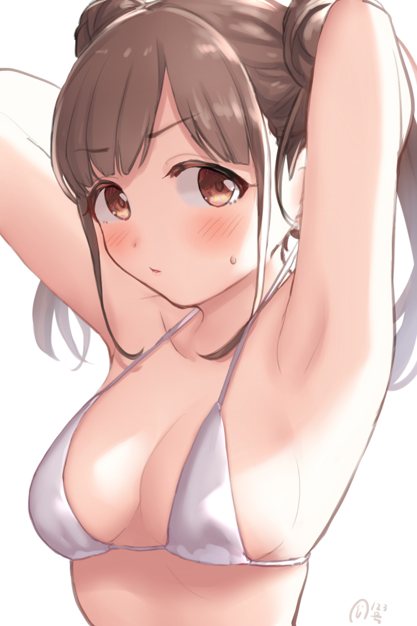 armpits arms_up bikini blush breasts double_bun expressionless female hair_bun highres idolmaster idolmaster_shiny_colors kijibato_123-gou long_hair medium_breasts simple_background solo sonoda_chiyoko swimsuit twintails upper_body white_background white_bikini