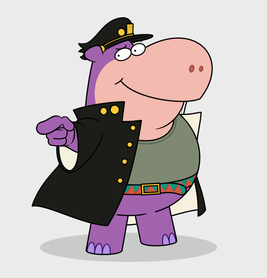 2021 anthro belly biped clothing common_hippopotamus cosplay hanna-barbera hat headgear headwear hi_res hippopotamid humanoid_hands jellystone_(hbo_max) jojo's_bizarre_adventure mammal overweight peter_potamus purple_body shirt simple_background solo the_peter_potamus_show topwear unknown_artist