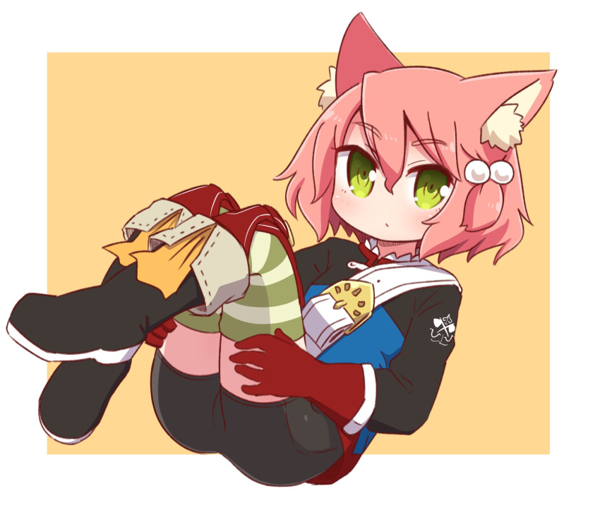 7th_dragon 7th_dragon_(series) animal_ear_fluff animal_ears bad_id bad_twitter_id belt belt_buckle bike_shorts black_footwear black_shorts blue_jacket blush boots brown_background buckle cat_ears closed_mouth female fighter_(7th_dragon) full_body gloves green_eyes green_thighhighs hair_between_eyes hair_bobbles hair_ornament harukara_(7th_dragon) highres jacket knees_up long_sleeves naga_u one_side_up pink_hair red_gloves short_shorts shorts solo striped_clothes striped_thighhighs thighhighs thighhighs_under_boots two-tone_background white_background white_belt