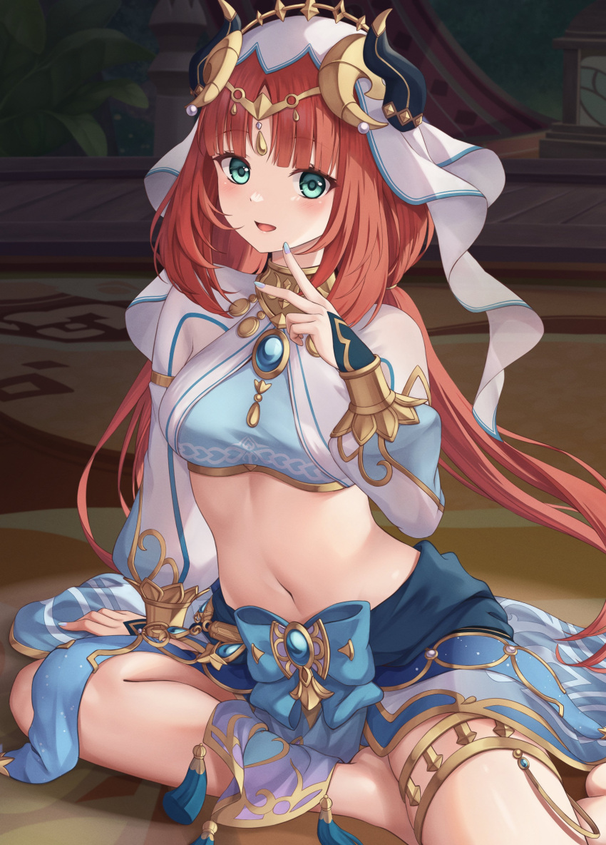 absurdres aqua_eyes armpit_cutout armpits blue_bow blue_gemstone blue_nails blue_skirt blush bow breasts circlet clothing_cutout crop_top fake_horns female foot_out_of_frame gem genshin_impact gold_trim hand_on_floor highres horns jewelry long_hair long_sleeves looking_at_viewer medium_breasts midriff navel neck_ring night nilou_(genshin_impact) open_mouth outdoors parted_bangs puffy_long_sleeves puffy_sleeves red_hair sidelocks sitting skirt smile solo stomach thighlet twintails v veil white_sleeves white_veil yuririn_poi