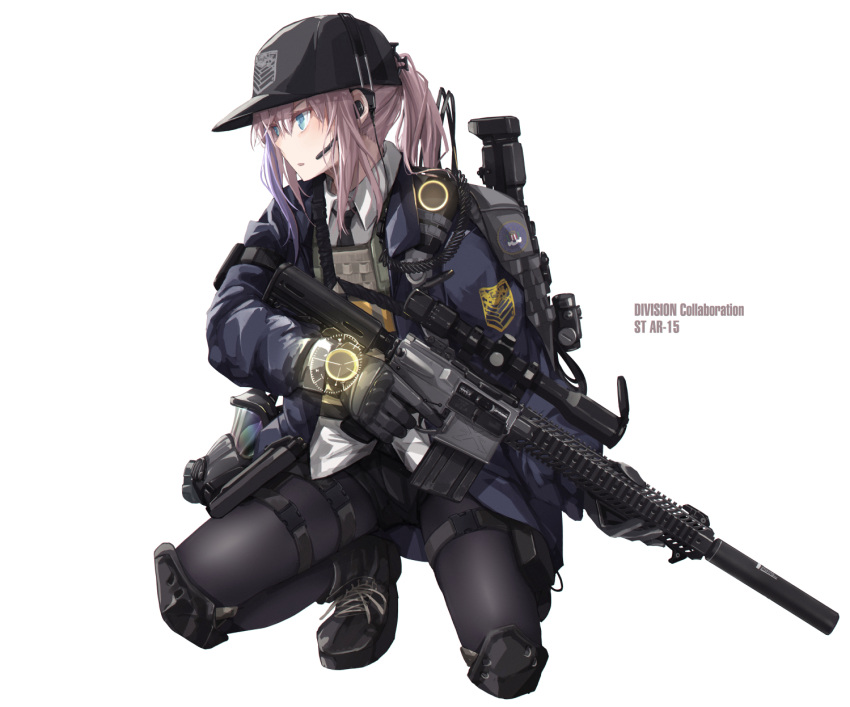 alternate_costume alternate_hairstyle ar-15 assault_rifle baseball_cap black_footwear black_gloves black_necktie black_pantyhose blue_eyes blue_jacket character_name commentary english_commentary english_text expressionless female girls'_frontline gloves griffin_&_kryuger gun hair_between_eyes hat headpiece highres holding holding_gun holding_weapon jacket knee_pads long_hair mishima_hiroji multicolored_hair necktie pantyhose parted_lips pink_hair ponytail purple_hair rifle shirt sidelocks simple_background solo squatting st_ar-15_(girls'_frontline) streaked_hair tom_clancy's_the_division weapon white_background white_shirt