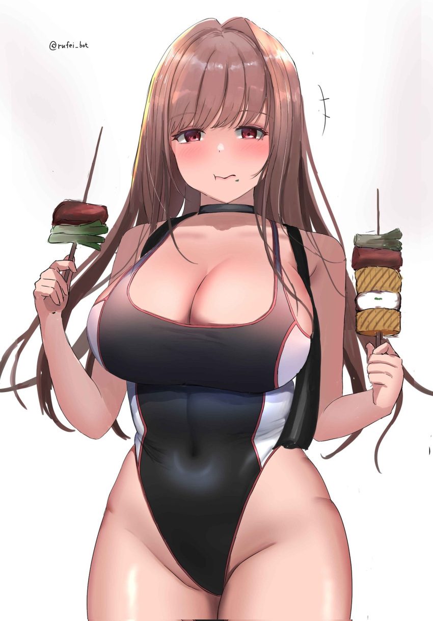 black_choker black_one-piece_swimsuit black_towel breasts brown_hair chewing choker closed_mouth competition_swimsuit corrupted_twitter_file covered_navel eating female food food_on_face goddess_of_victory:_nikke highleg highleg_swimsuit highres holding holding_food large_breasts legs light_brown_hair long_hair looking_at_viewer official_alternate_costume one-piece_swimsuit orange_eyes rapi_(classic_vacation)_(nikke) rapi_(nikke) rufei_bot shiny_skin solo standing swimsuit thighs towel towel_around_neck twitter_username two-tone_swimsuit