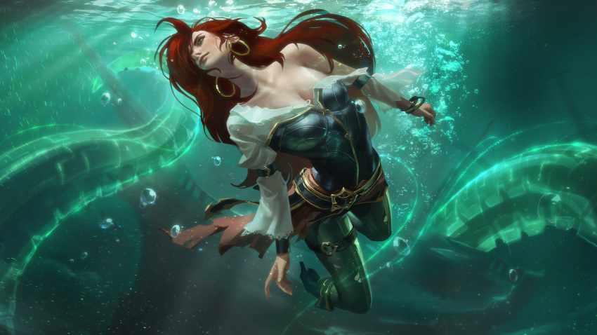 armor belt black_belt boots bracelet breasts brown_pants cleavage commentary earrings female freckles high_heel_boots high_heels highres hoop_earrings jewelry large_breasts league_of_legends long_hair long_sleeves miss_fortune_(league_of_legends) pants qi_mang_(qimang) red_hair red_shirt shiny_skin ship shirt single_bare_shoulder solo symbol-only_commentary tentacle underwater watercraft white_shirt