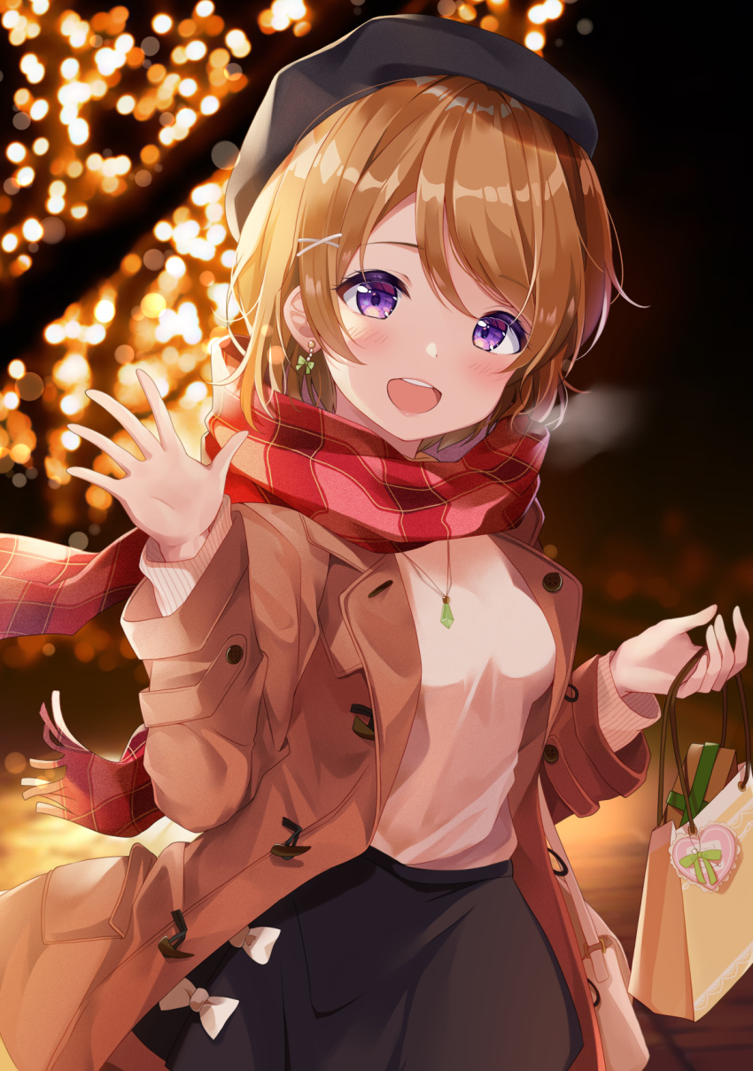 :d bag beret black_hat black_skirt blurry blurry_background blush bow bow_earrings breasts breath brown_coat coat commentary depe earrings female gift gift_bag green_bow hair_ornament hat heart highres holding holding_bag jewelry koizumi_hanayo light_brown_hair light_particles long_sleeves looking_at_viewer love_live! love_live!_school_idol_project medium_breasts night open_clothes open_coat open_mouth outdoors pink_shirt plaid plaid_scarf purple_eyes red_scarf scarf shirt short_hair skirt smile solo teeth upper_body upper_teeth_only waving white_bow x_hair_ornament