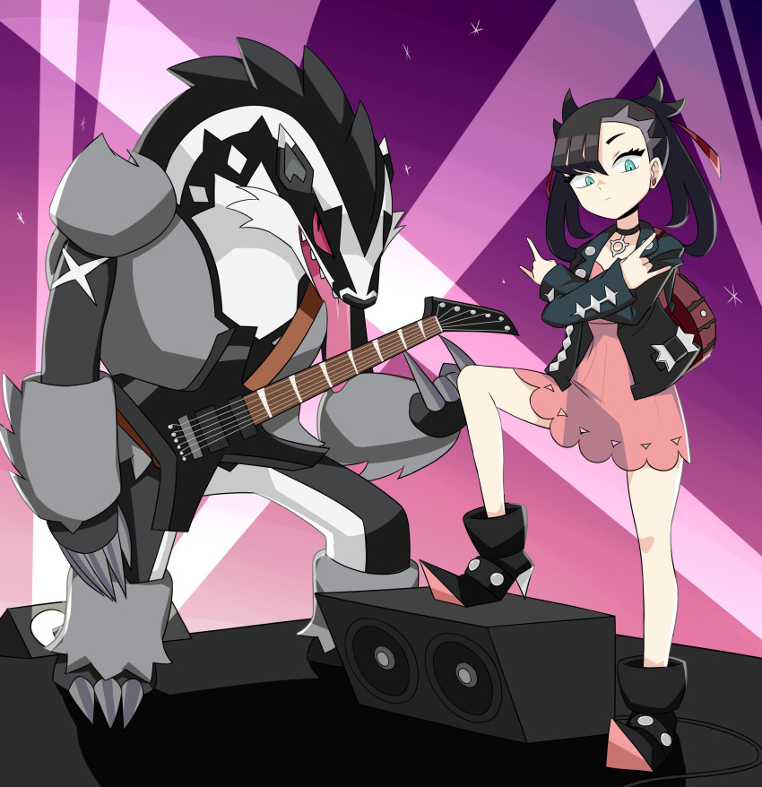 \n/ absurdres asymmetrical_bangs backpack bag black_choker black_hair black_jacket choker closed_mouth double_\n/ dress earrings electric_guitar eyelashes female flowers-imh green_eyes guitar hair_ribbon highres instrument jacket jewelry leg_up long_sleeves marnie_(pokemon) obstagoon open_clothes open_jacket pink_dress pokemon pokemon_(creature) pokemon_swsh red_ribbon ribbon