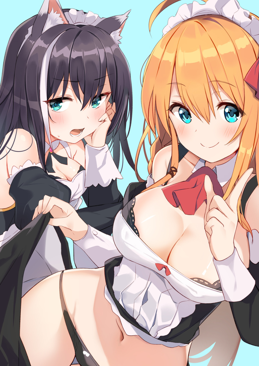 2girls ahoge alternate_costume animal_ear_fluff animal_ears ascot bare_shoulders black_hair black_panties black_shirt black_skirt blue_eyes breasts cat_ears cat_girl cleavage detached_collar detached_sleeves enmaided highres holding juliet_sleeves karyl_(princess_connect!) large_breasts long_hair long_sleeves looking_at_viewer maid maid_headdress multicolored_hair multiple_girls navel open_mouth orange_hair panties pecorine_(princess_connect!) princess_connect! puffy_sleeves shirt simple_background skirt smile stomach streaked_hair togo_(korlsj1235) underwear