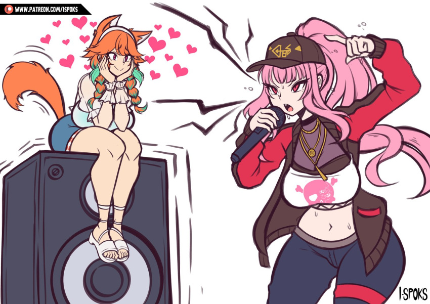 2girls animal_ears baseball_cap black_pantyhose blunt_bangs cat_ears cat_girl cat_tail choker couple crop_top earrings feather_earrings feathers friday_night_funkin' gradient_hair hat holding holding_microphone hololive hololive_english ilustretsspoks jewelry kemonomimi_mode long_hair microphone mori_calliope mori_calliope_(streetwear) multicolored_hair multiple_girls newgrounds pantyhose pink_hair rapping speaker tail takanashi_kiara takanashi_kiara_(casual) track_suit virtual_youtuber watermark web_address yuri