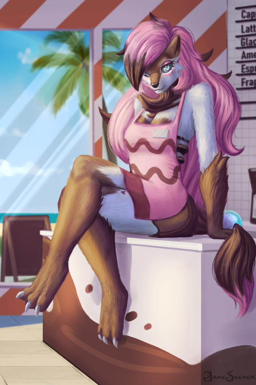 2:3 absurd_res anthro apron barista beach bent_legs blue_eyes bottomwear breasts cafe claws clothed clothing coffee_shop crossed_legs detailed_background english_text fan_character feet female fur furgonomics furniture generation_5_pokemon hair hair_on_shoulder heart_(marking) heart_on_body heart_symbol hi_res jakeseeker leg_over_edge leg_over_thigh light looking_at_viewer markings nintendo over_edge palm_tree pink_hair plant pokemon pokemon_(species) seaside sitting skirt sky smile solo summer sunlight tail tail_over_edge tail_through_skirt text tree waiter zoroark